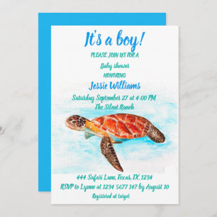 Cute Sea Turtle Under the sea Ocean Blue Baby Boy Invitation