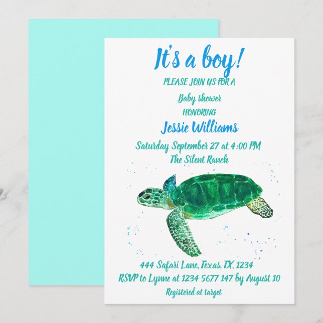 Cute Sea Turtle Under the sea Ocean Blue Baby Boy Invitation (Front/Back)