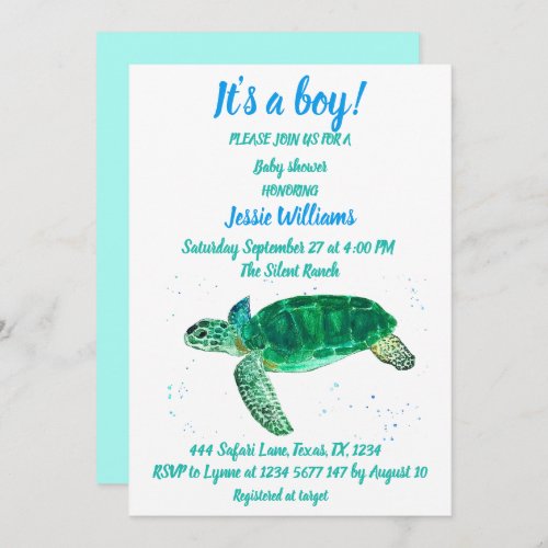 Cute Sea Turtle Under the sea Ocean Blue Baby Boy Invitation