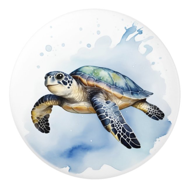 Cute Sea Turtle Watercolor Ocean Animal Bathroom Ceramic Knob (Front)