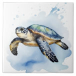 Cute Sea Turtle Watercolor Ocean Animal Bathroom Ceramic Tile<br><div class="desc">cute sea turtle swimming,  watercolor swim animal art,  aquatic bathroom swimmer animals,  underwater sea ocean creature,  nursery kids room decor,  light white modern contemporary,  nautical aqua blue kid,  sweet cartoony cartoon,  little boys girls room,  pastel beach house creatures</div>