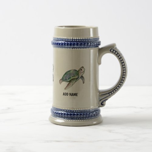 Cute Sea Turtle Watercolor Ocean Life Add Name Cof Beer Stein