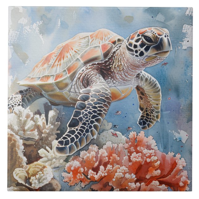 Cute Sea Turtle Watercolor Painting Ceramic Tile (Front)