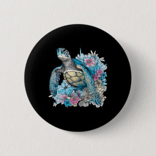 Cute Sea Turtle Wildflowers Animal Lover Tortoise Button