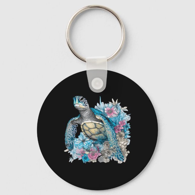 Cute Sea Turtle Wildflowers Animal Lover Tortoise  Keychain (Front)