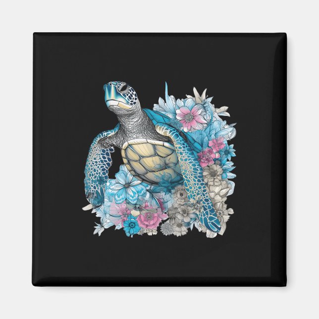 Cute Sea Turtle Wildflowers Animal Lover Tortoise  Magnet (Front)