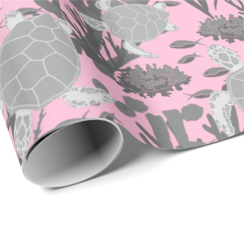 Cute Sea Turtles Gray Pink Coral Reef Print Wrapping Paper