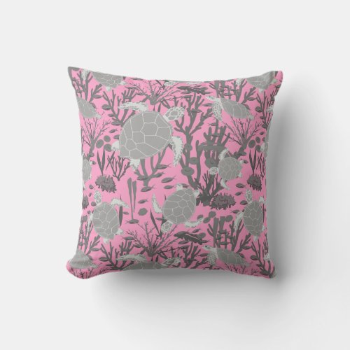 Cute Sea Turtles on Pink and Grey Throw Pillow