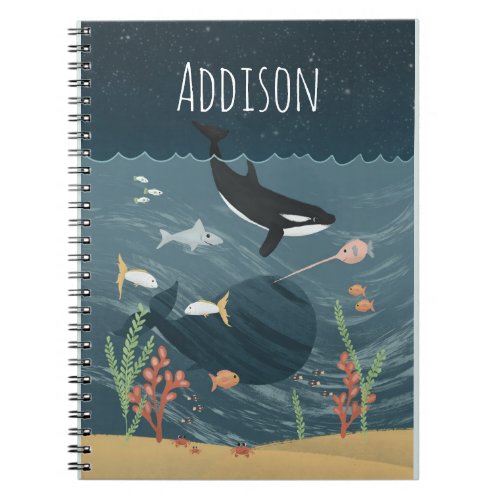 Cute Sea  Whimsical Night Ocean Orca Kids School Notebook