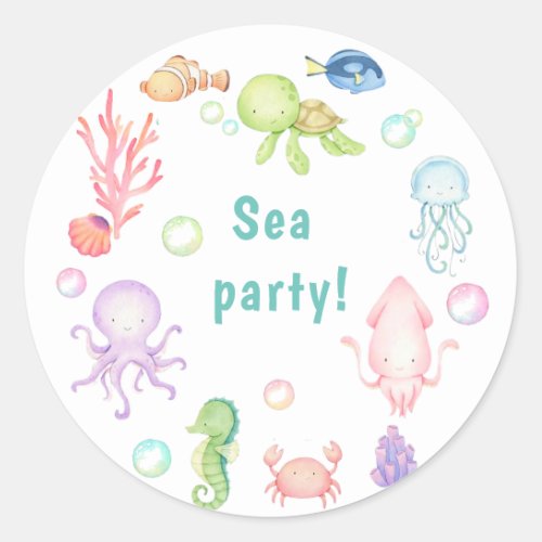 Cute sea world Birthday Party Invitation Classic Round Sticker