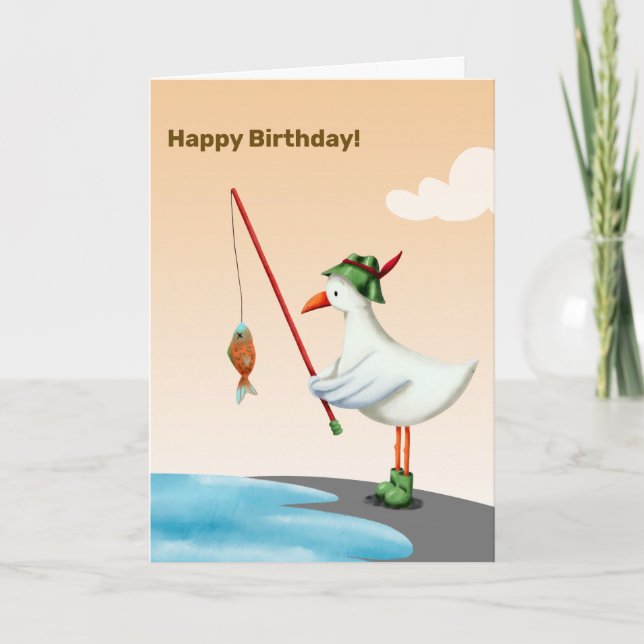 Cute Seagull Fishing Personalized Birthday Card (Front)