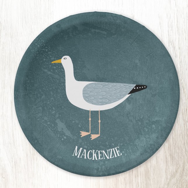 Cute Seagull Personalized Nautical Paper Plates (Fun Seagull personalized paper plates)