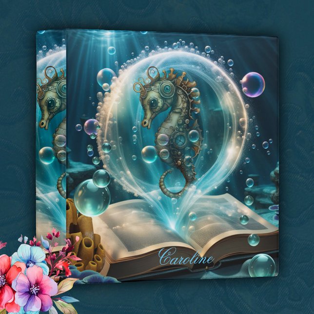 Cute seahorse  3 ring binder (Steampunk seahorse)