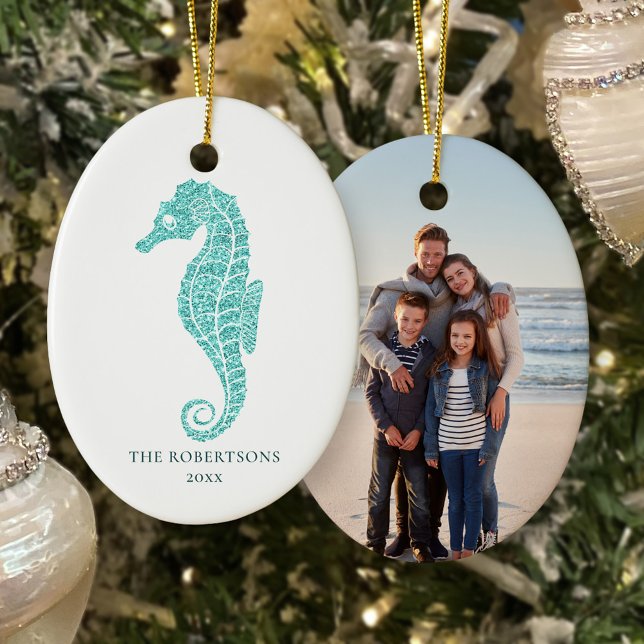 Cute Seahorse Aqua Glitter Coastal Christmas Photo Ceramic Ornament (Creator Uploaded)