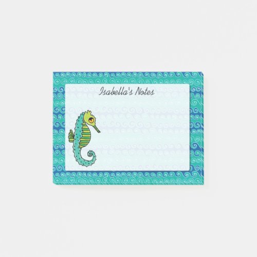 Cute Seahorse Blue and Green Custom Name Post_it Notes