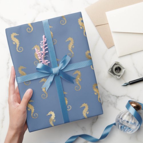 Cute Seahorse Blue Gold Mermaid Theme Party Gifts Wrapping Paper