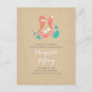 Cute seahorse couple beach save the date postcards