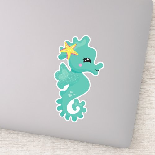 Cute Seahorse Green Seahorse Starfish Hearts Sticker