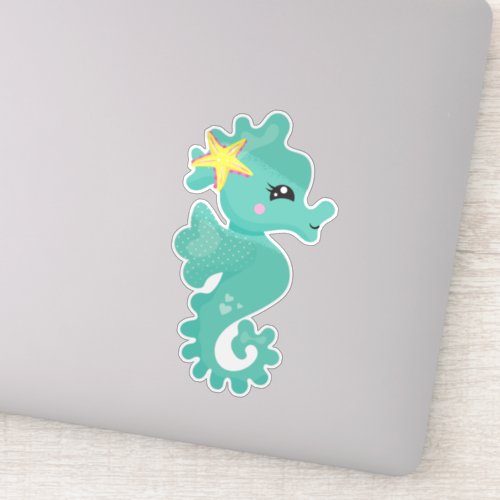 Cute Seahorse Green Seahorse Starfish Hearts Sticker