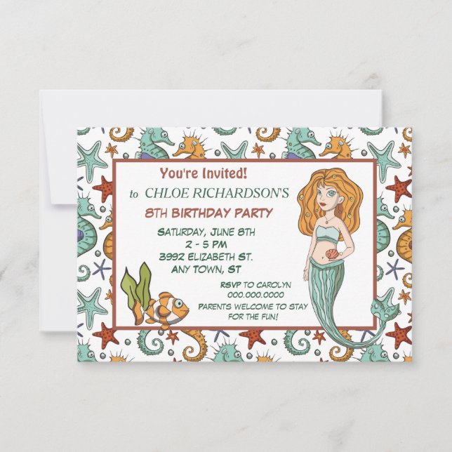 Cute Seahorse Mermaid Birthday Party Invitation (Front)