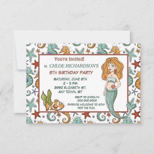 Cute Seahorse Mermaid Birthday Party Invitation