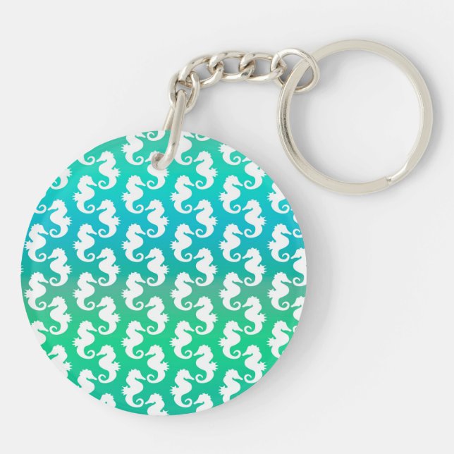 Cute Seahorse Pattern on Blue Green Keychain (Back)