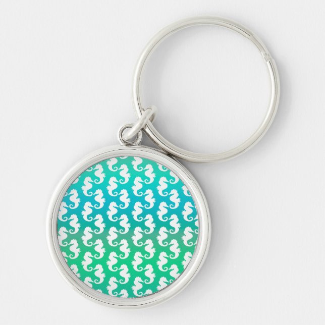Cute Seahorse Pattern on Blue Green Keychain (Front)
