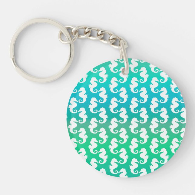 Cute Seahorse Pattern on Blue Green Keychain (Front)
