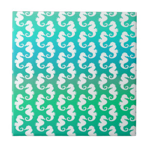 Cute Seahorse Pattern on Blue Green Tile