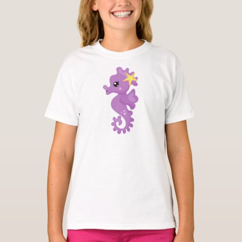 Cute Seahorse Purple Seahorse Starfish Hearts T_Shirt