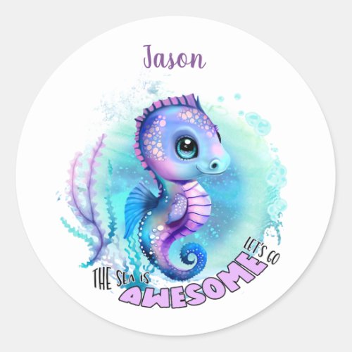 Cute Seahorse Summer Name Boy Classic Round Sticker