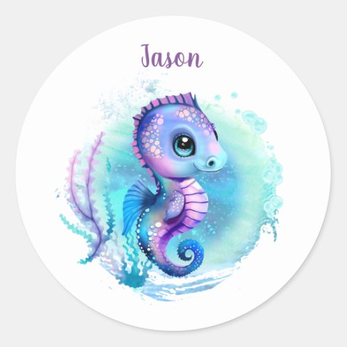 Cute Seahorse Summer Name Boy Classic Round Sticker
