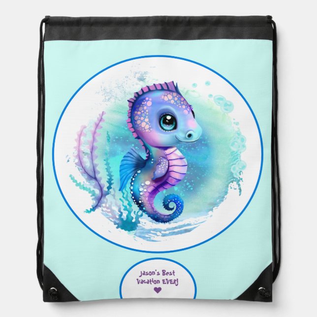 Cute Seahorse Summer Swimming Personalized Boy  Drawstring Bag (Front)