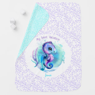 Cute Seahorse Summer Vacation Custom Name Baby Blanket