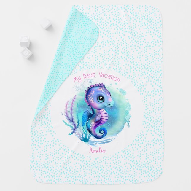 Cute Seahorse Summer Vacation Personalized Girl  Baby Blanket (In Situ)
