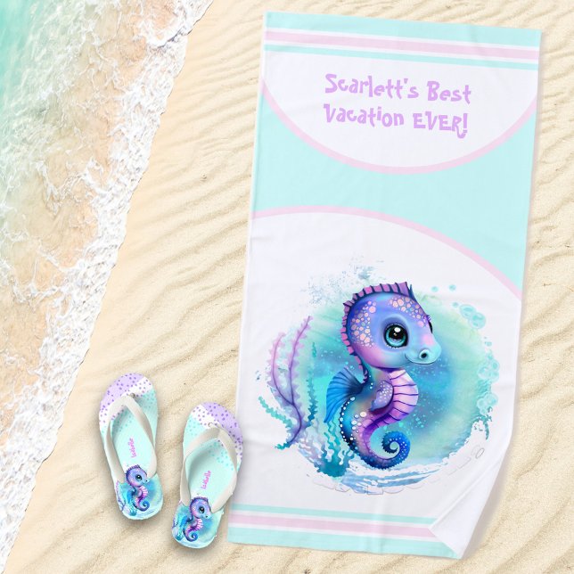 Cute Seahorse Summer Vacation Personalized Girl  Beach Towel (Creator Uploaded)