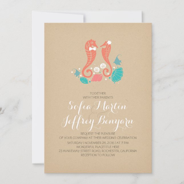 Cute seahorses casual beach wedding invitation (Front)