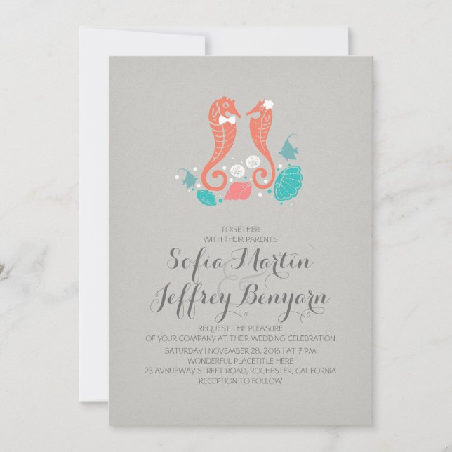 Cute seahorses casual beach wedding invitation (Front)