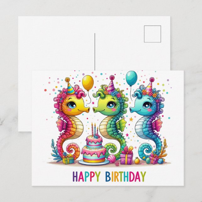 Cute seahorses happy birthday postcards (Front/Back)