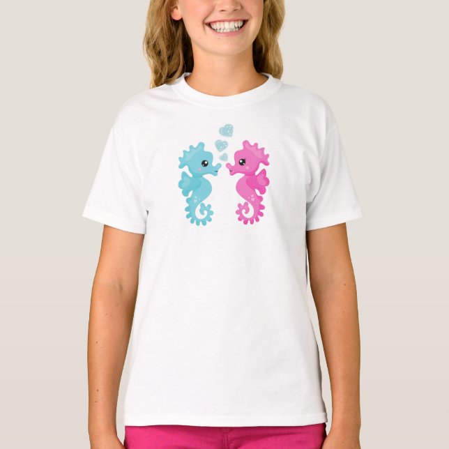 Cute Seahorses, Pink Seahorse, Blue Seahorse, Love T-Shirt (Front)