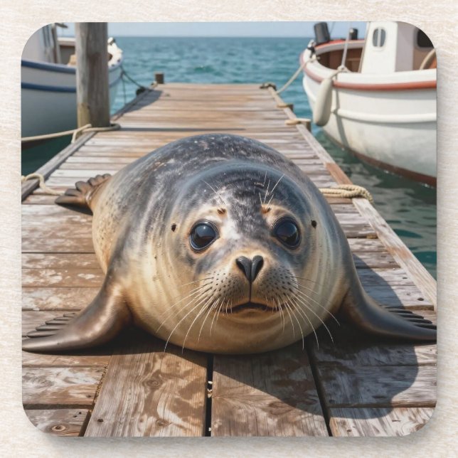 Cute Seal Laying on Boat Dock Ocean Pier Beverage Coaster (Front)