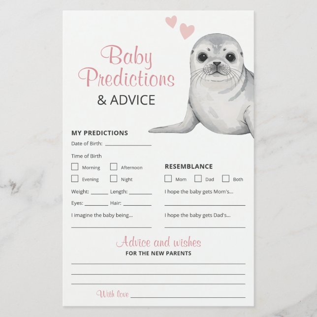 Cute Seal Pup Baby Shower Predictions and Advice (Front)