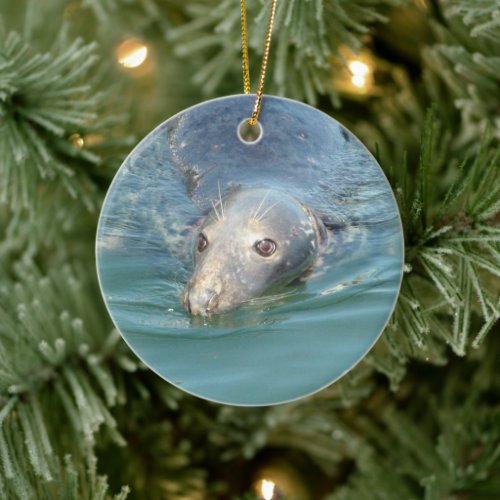 Cute Seal swimming in the Ocean Christmas Keepsake Ceramic Ornament