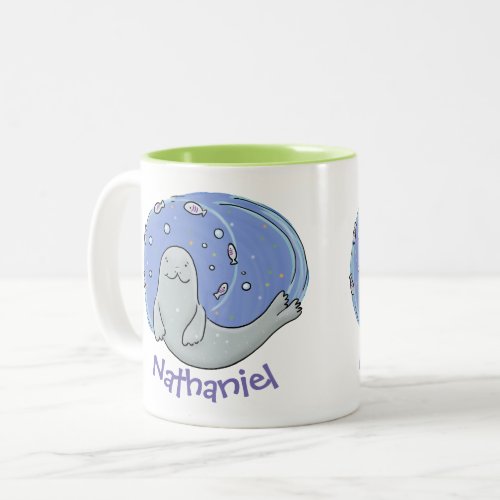 Cute sealion and fish cartoon illustration Two_Tone coffee mug