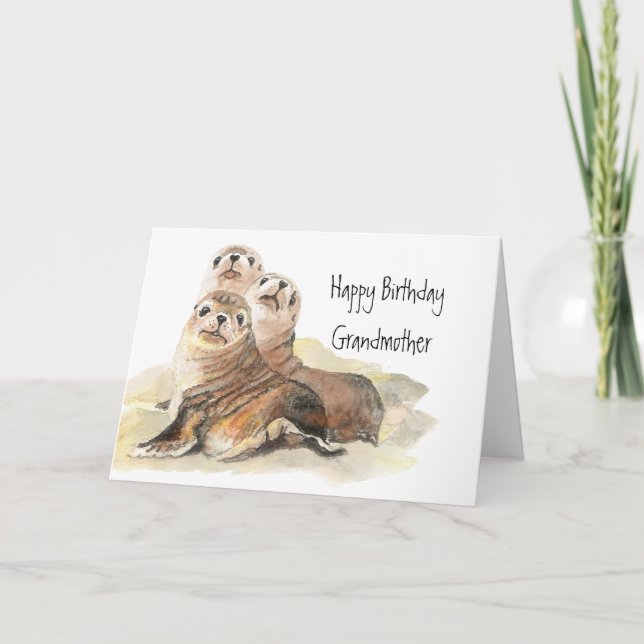 Cute Seals Grandmother Birthday Watercolor Animals Card (Front)
