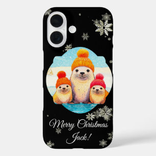 Cute seals with knitted hat Christmas illustration iPhone 16 Case