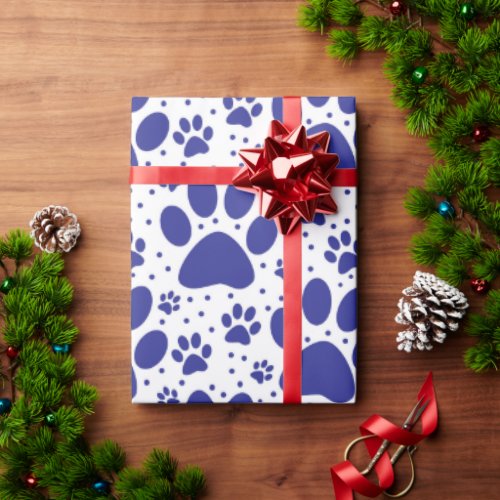 Cute Seamless Blue Paw Print Holiday Wrapping Paper