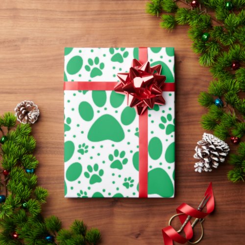 Cute Seamless Green Paw Print Holiday  Wrapping Paper
