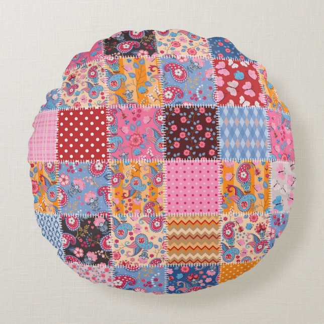 Cute seamless patchwork pattern round pillow (Front)
