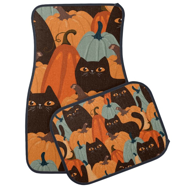 Cute seamless pattern with black cats and pumpkins car floor mat (Set)